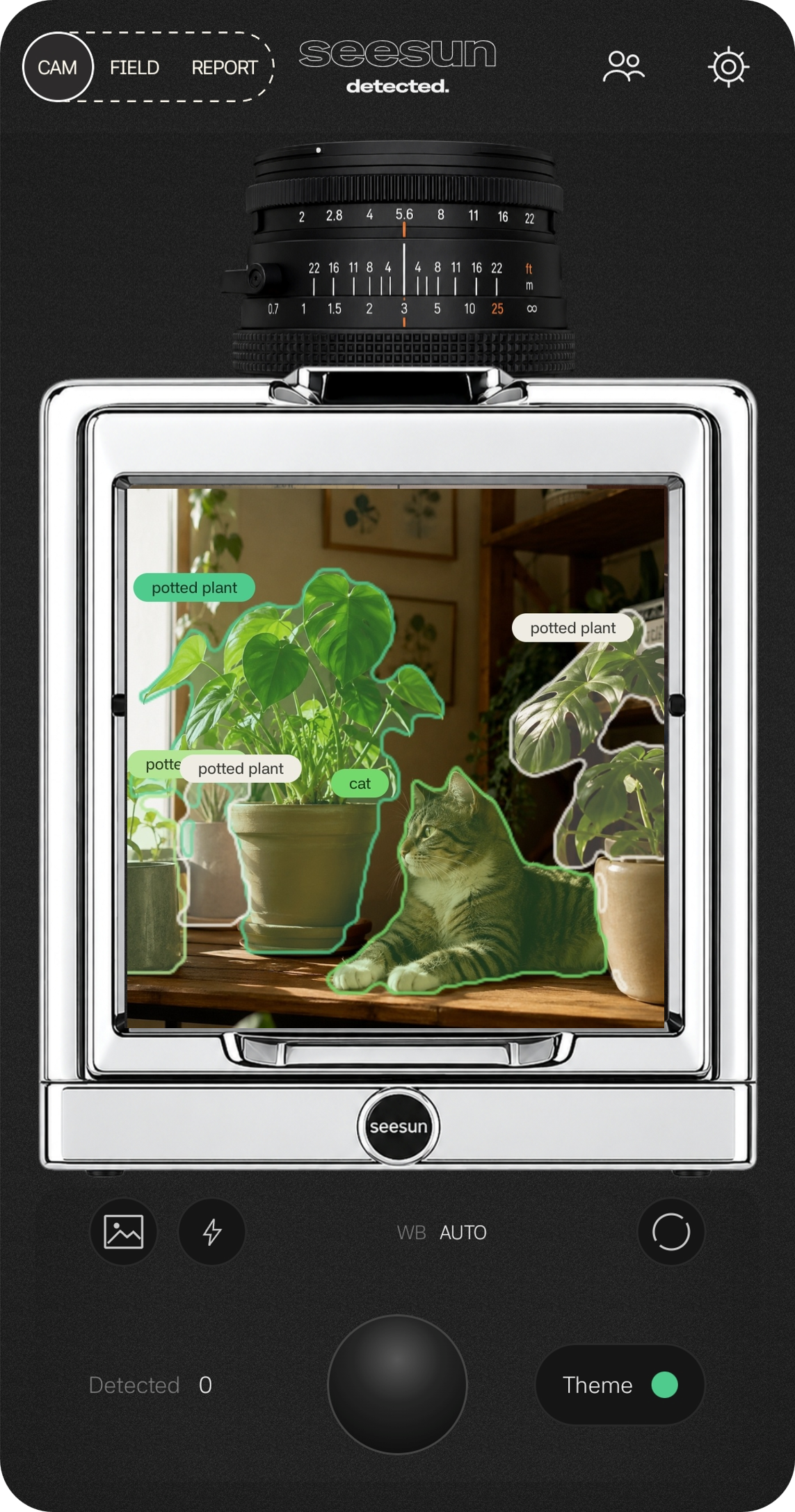 seesun camera interface detecting a cat and potted plants